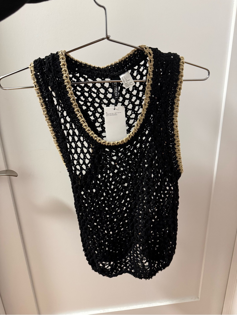 Crochet Open-Knit Tank Top with Gold Trim